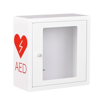 ASB1010-W-AED-R - Metalowa szafka wewnątrz budynku, wyposażona w alarm dźwiękowy, przeznaczona na defibrylator - 37x37x17 cm