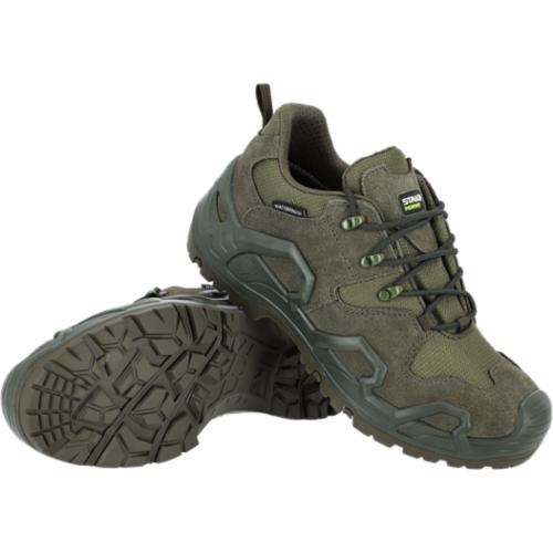 Półbut skóra zamszowa wstawki OXFORD membrana WATERPROOF podeszwa antypoślizgowa olejoodporna lekki wkładka pianka EVA miechowy język oliwkowe DEFENDER LOW OB SR FO - 38-48